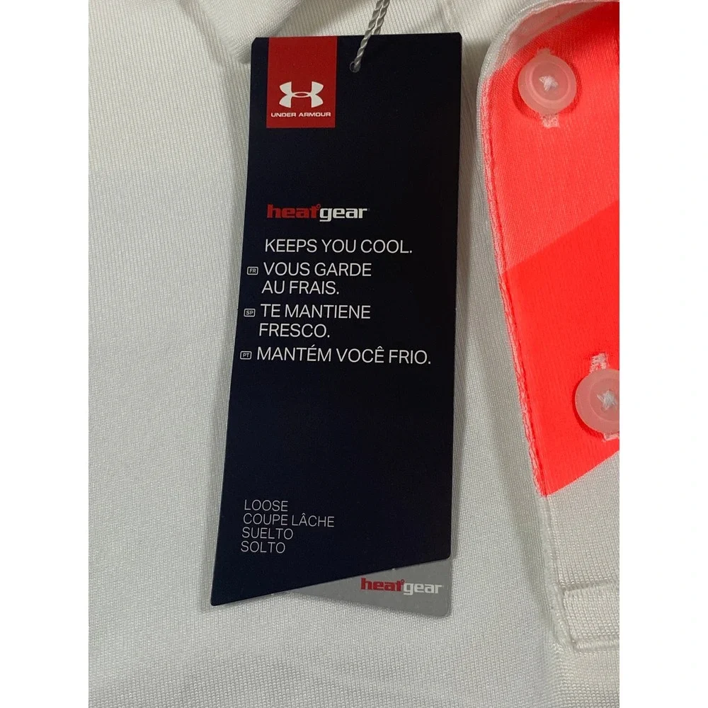 Under Armour Mens Playoff Polo Shirt White Neon Orange HeatGear Loose Fit Large‎